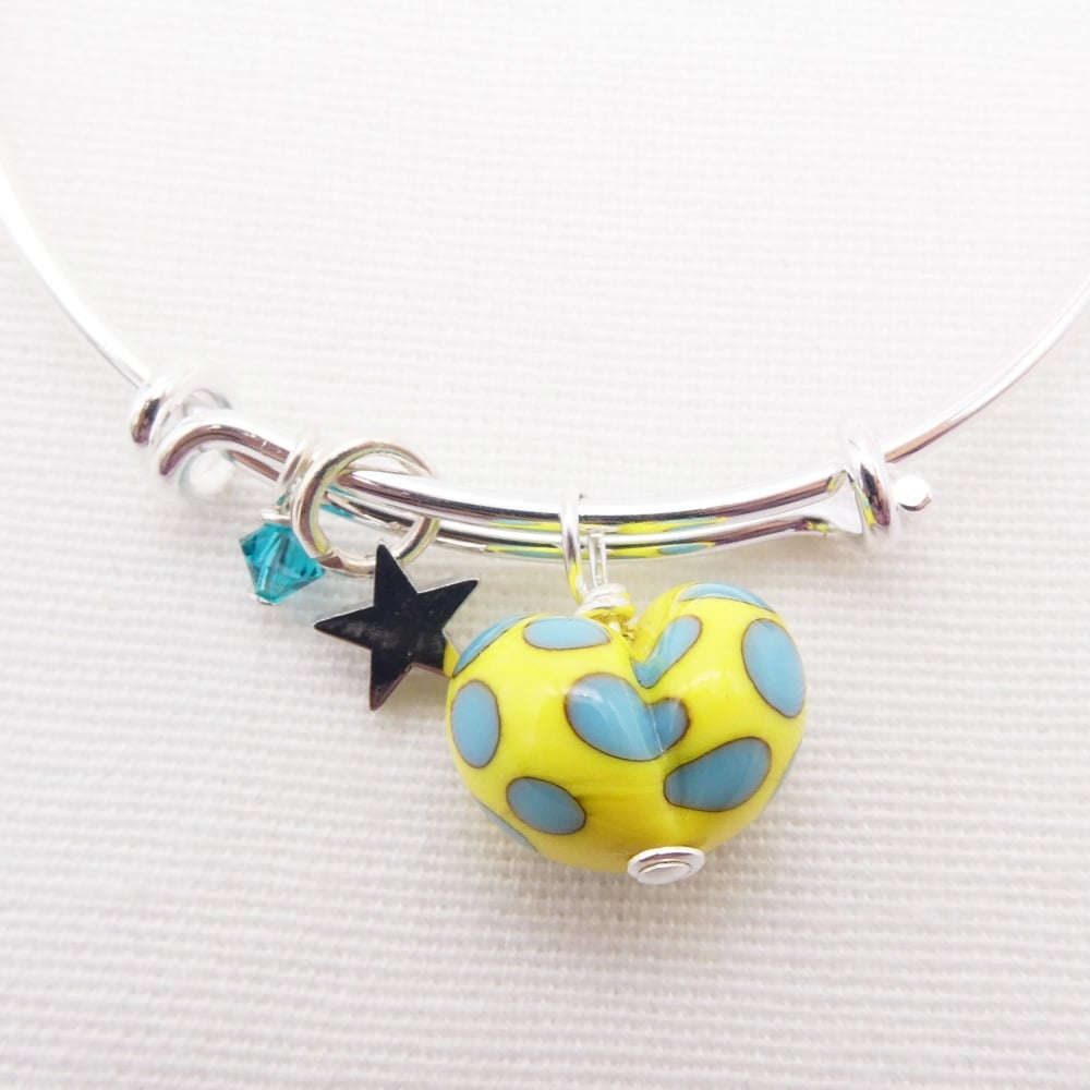 Yellow and Turquoise glass Heart On a silver Plated Bangle