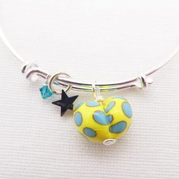Yellow and Turquoise glass Heart On a silver Plated Bangle 
