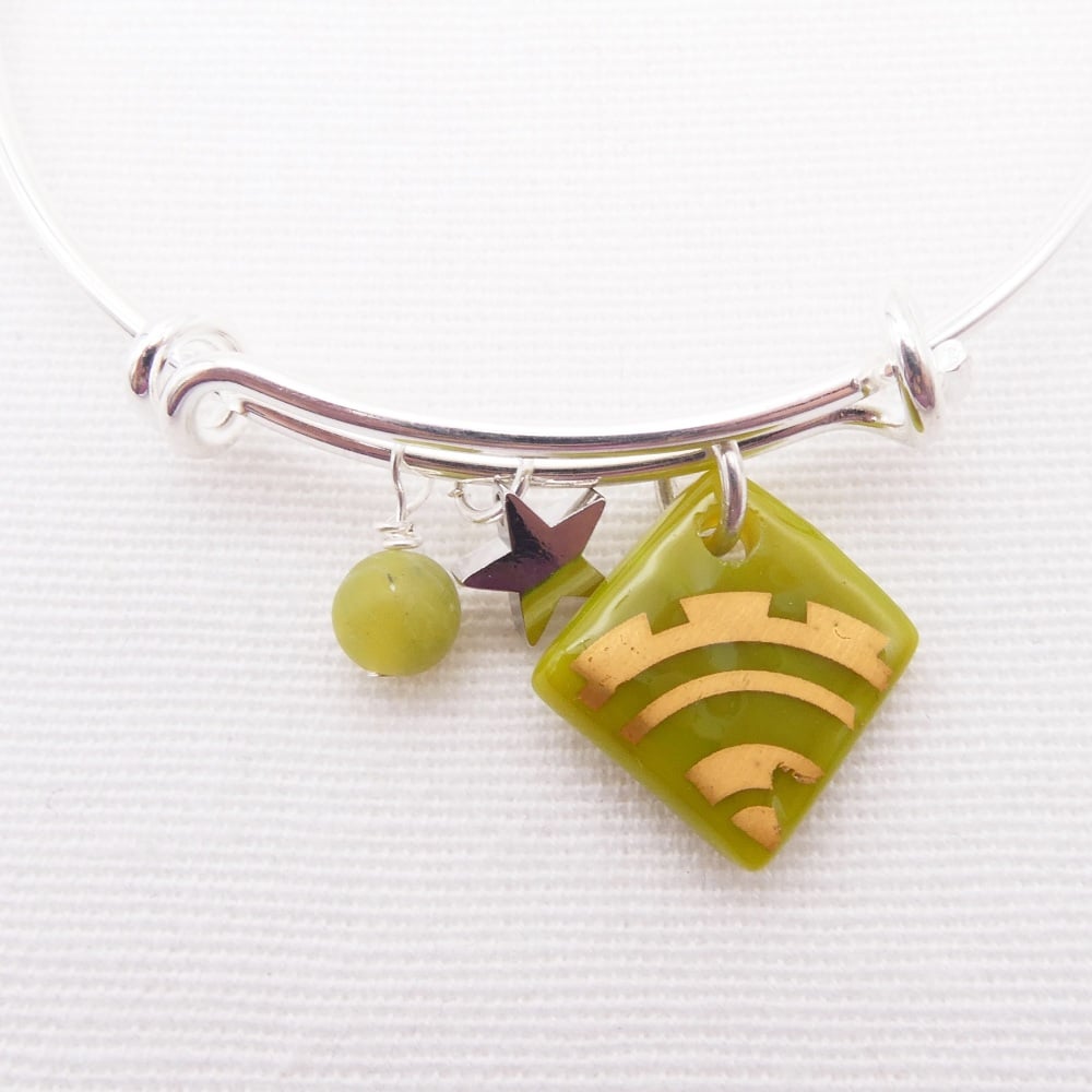 Olive Green sun Glass Tile On a Silver Plated Bangle
