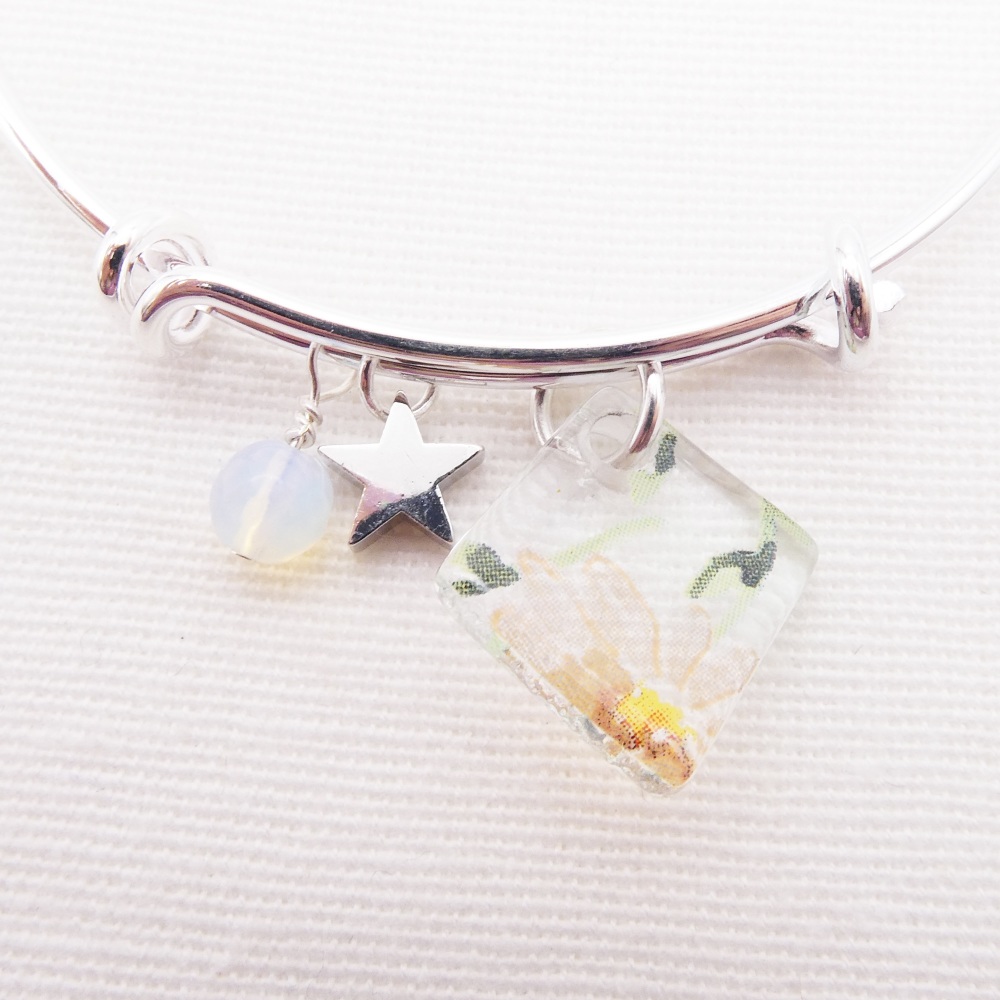 Clear Watercolour Floral Glass Tile On a Silver Plated Bangle