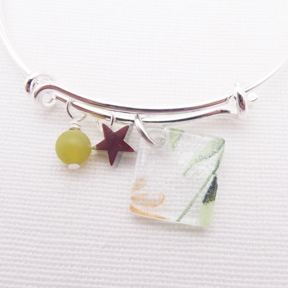 Clear Watercolour Foliage Glass Tile On a Silver Plated Bangle
