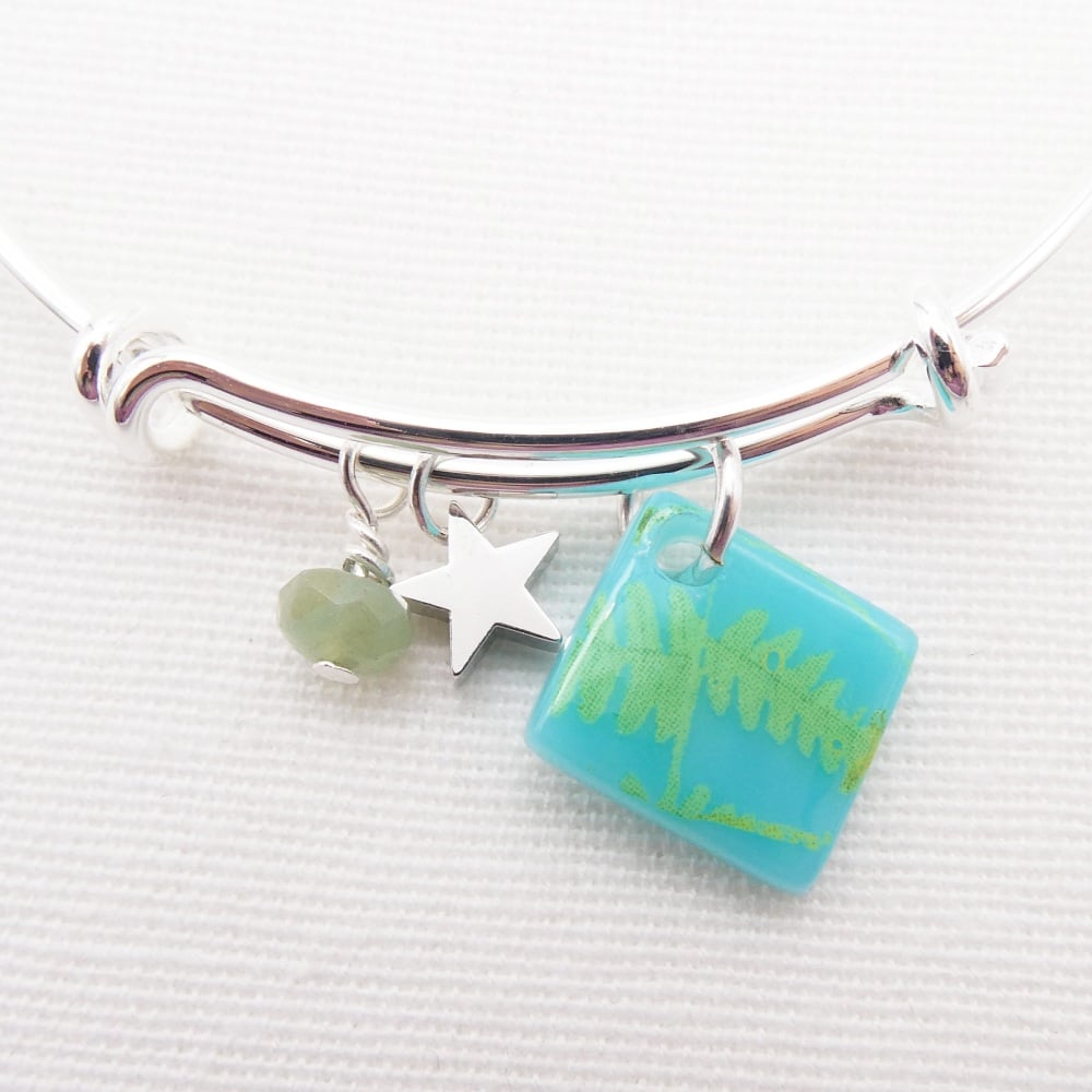 Turquoise Fern foliage Glass Tile On a Silver Plated Bangle