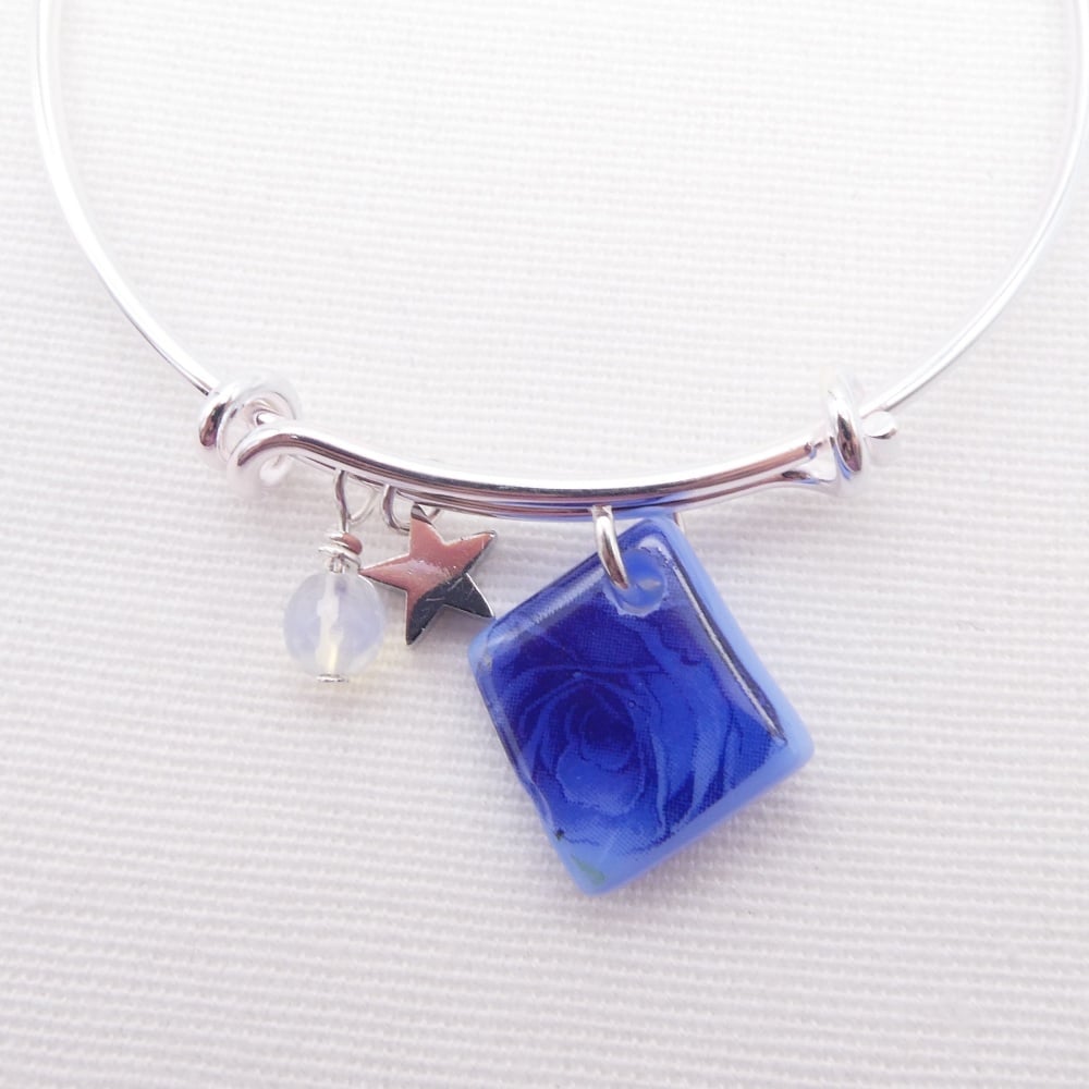 Blue Floral Glass Tile On a Silver Plated Bangle