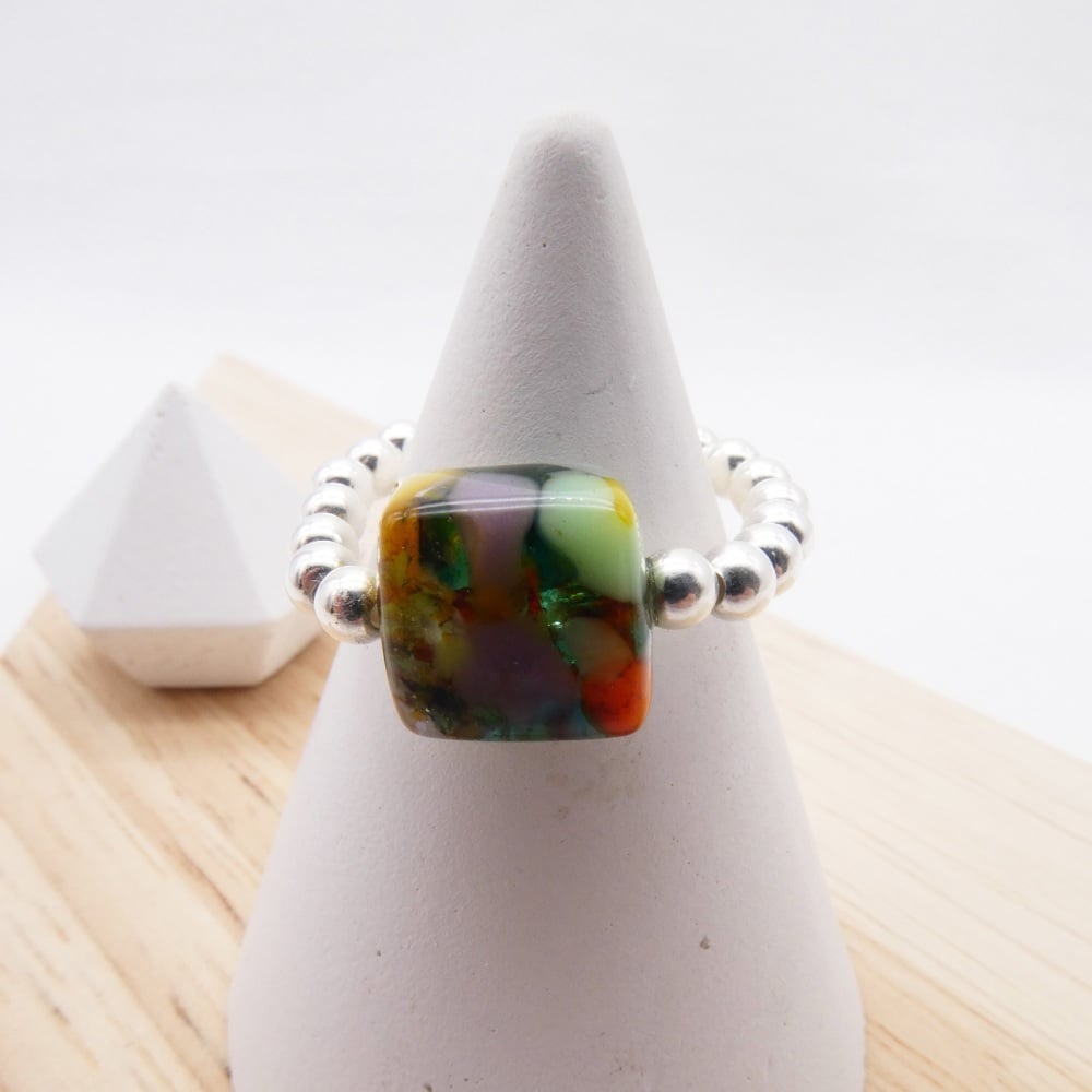 Simply Silver Ring- Multicoloured glass nugget