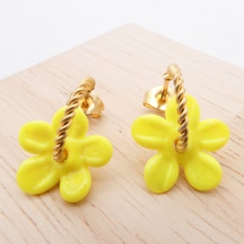 Small Yellow Flower twisted  hoop earrings-gold