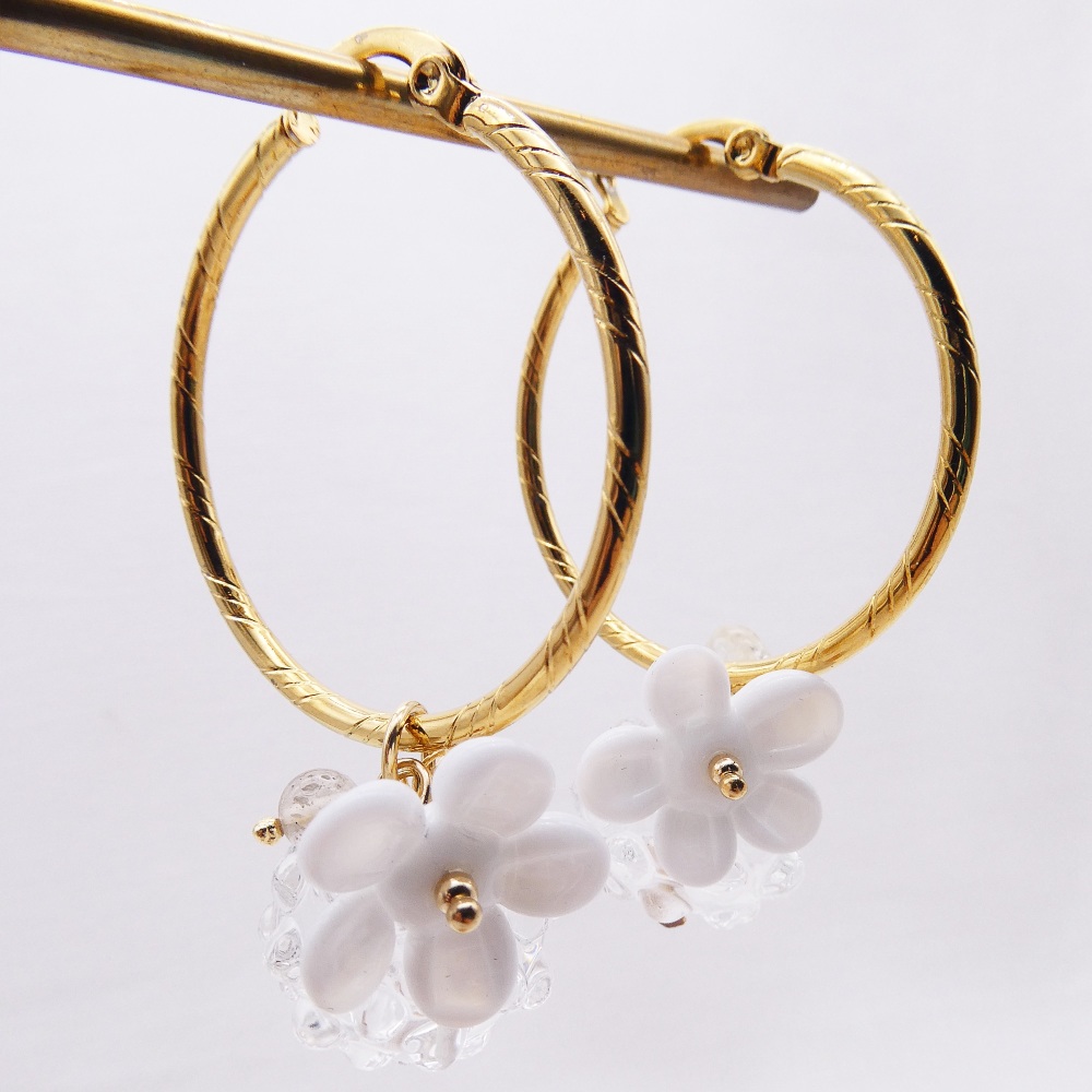 White Glass Beaded Creole hoop earrings-Big