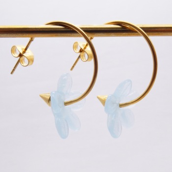 Big translucent turquoise  glass Flower hoop earrings-gold