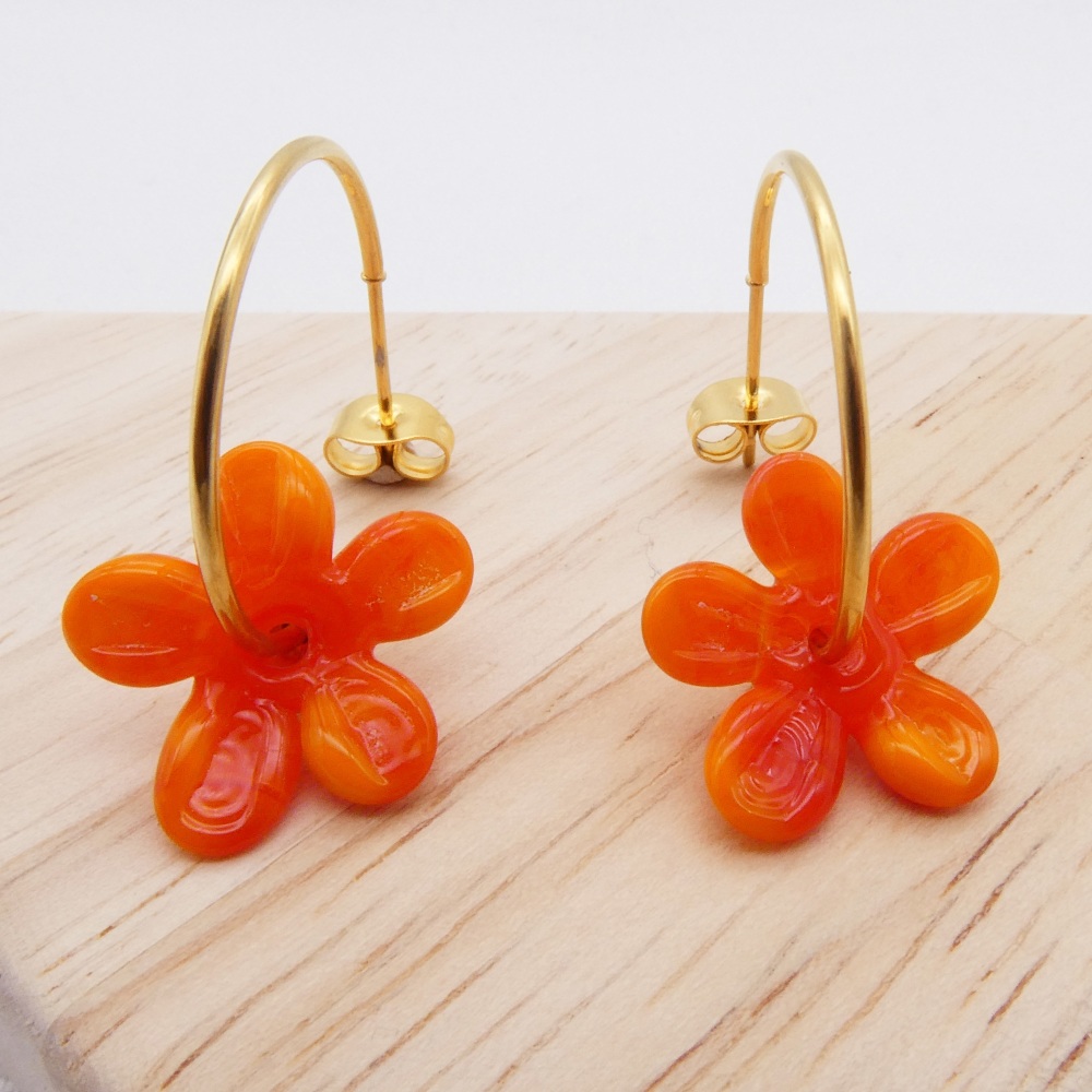 Big orange glass Flower hoop earrings-gold