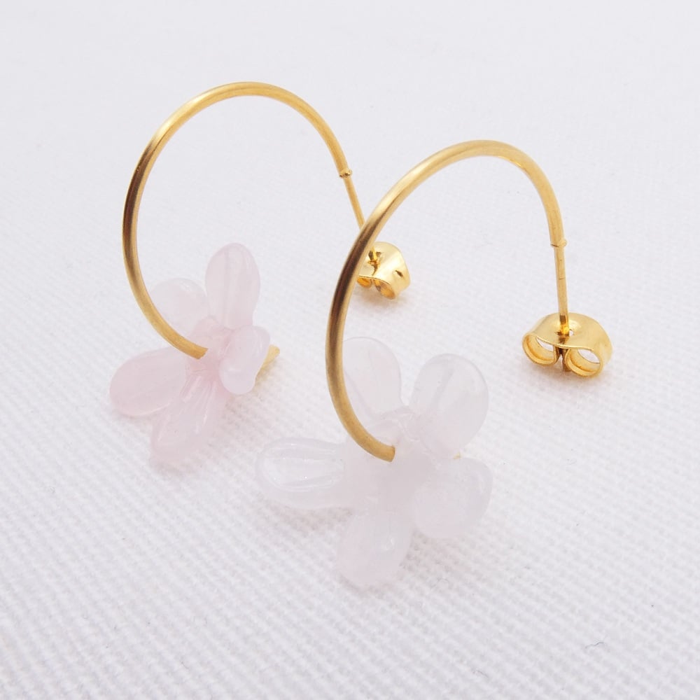 Big Light Pink glass Flower hoop earrings-gold