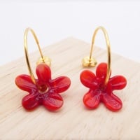 Big red glass Flower hoop earrings-gold