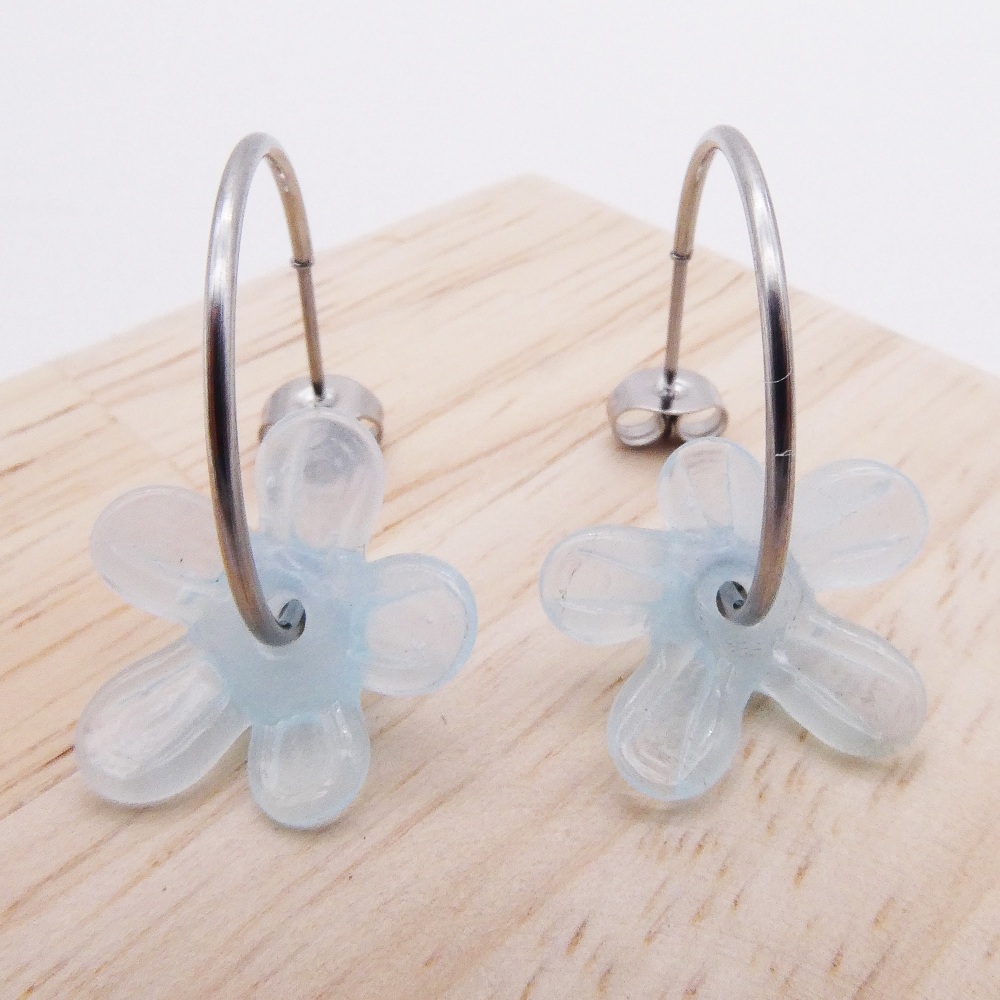 Big translucent turquoise  glass Flower hoop earrings-silver