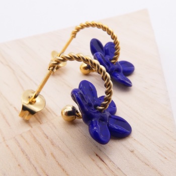 Small Navy Flower twisted  hoop earrings-gold