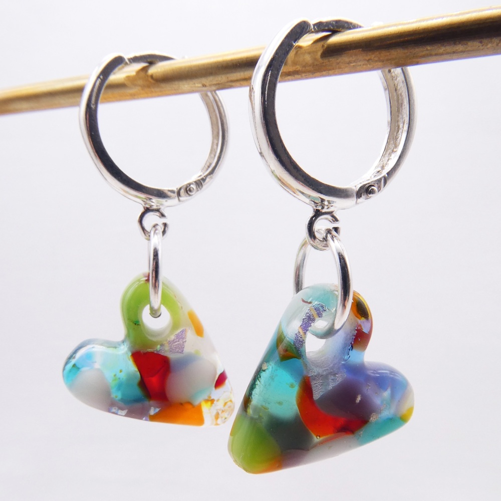 Multicoloured Glass Heart earrings on sterling silver