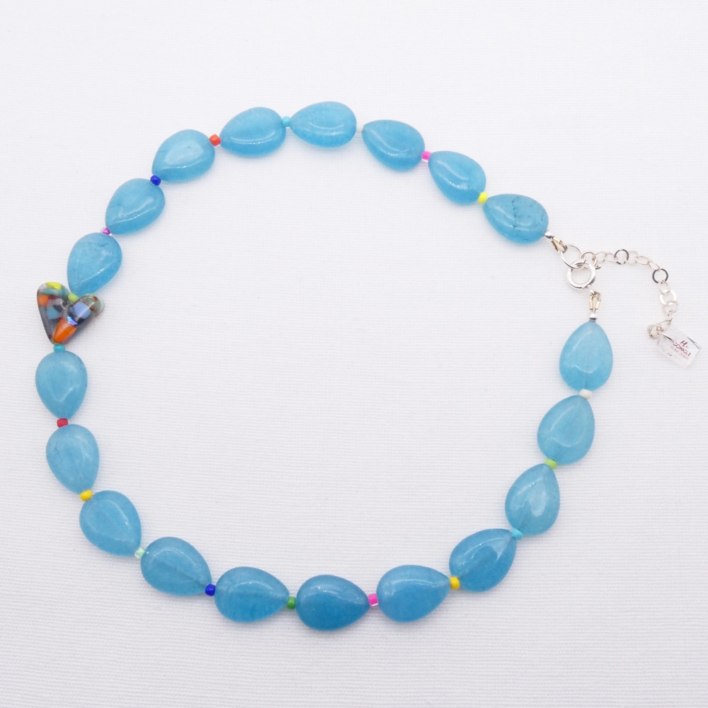 Aquamarine gemstone and glass heart Necklace