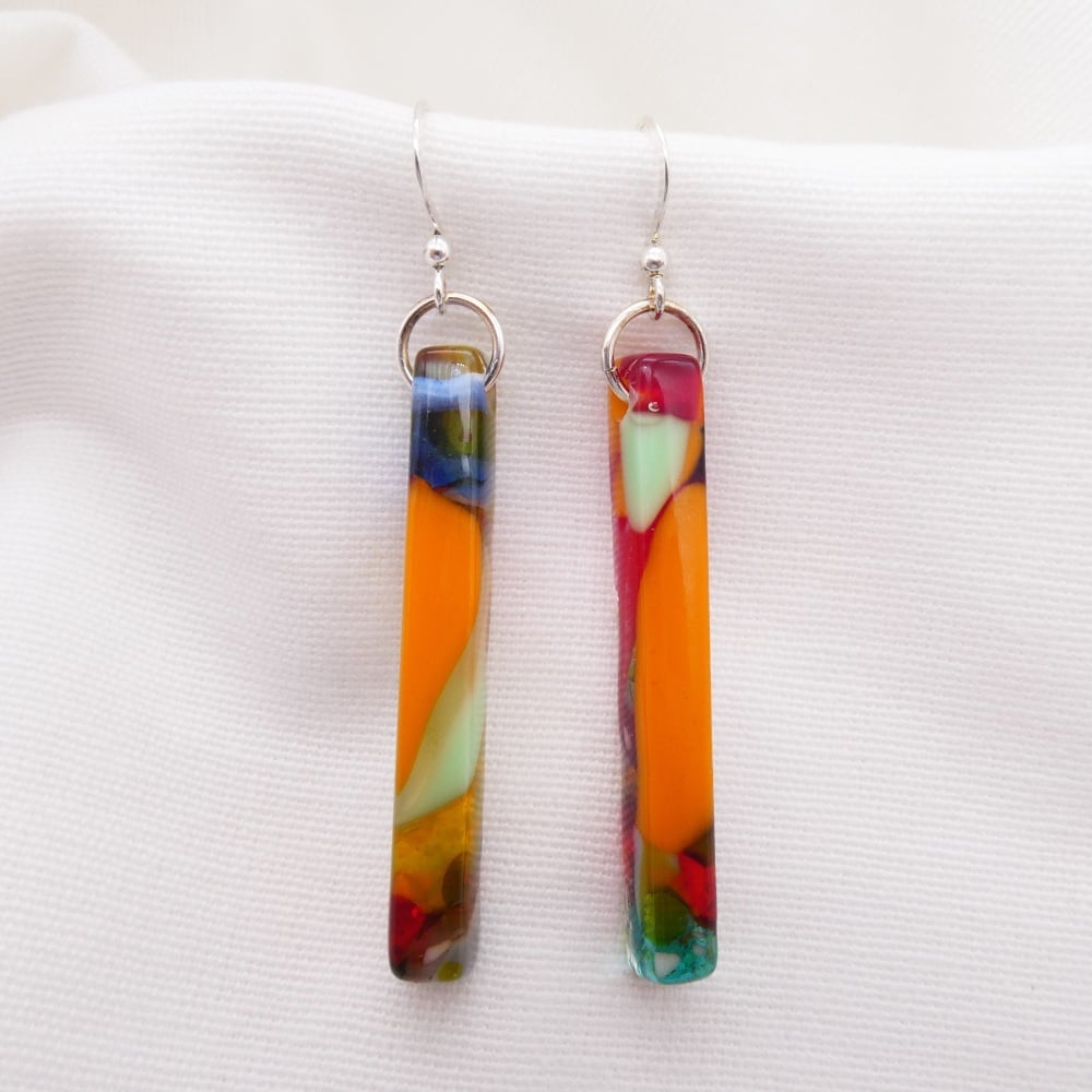 Multicoloured glass pillar earrings on silver- orange