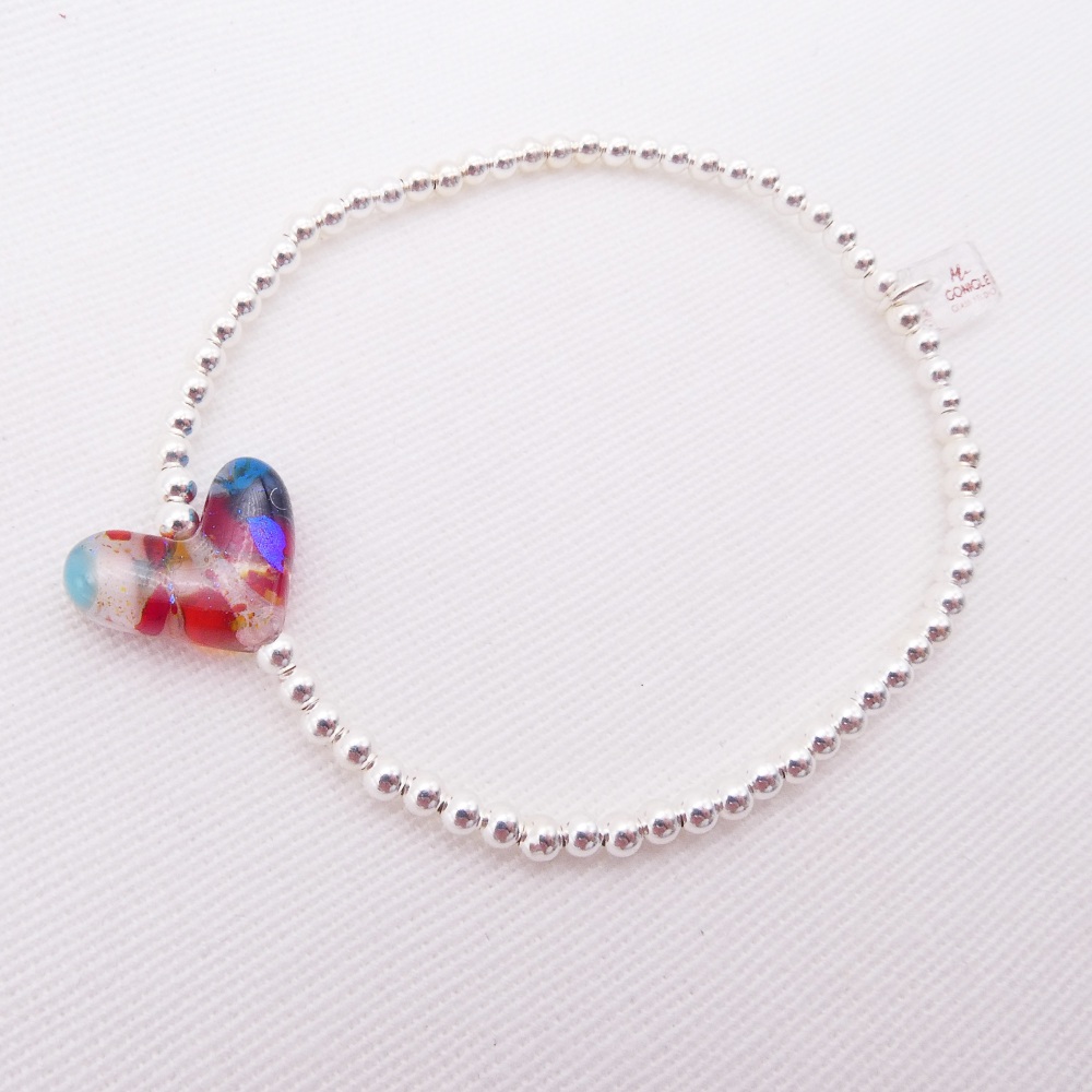 Simply Silver Bracelet with a multicoloured Glass Heart #1