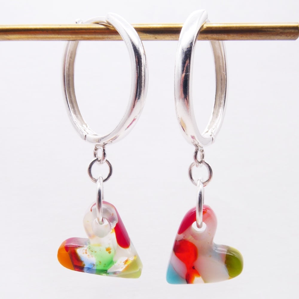 Glass Heart earrings on sterling silver Hoops-big