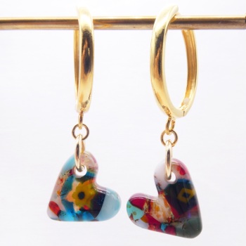 Glass Heart earrings on gold filled Hoops-big