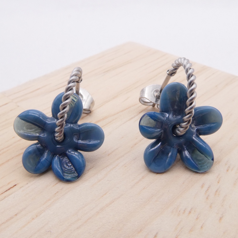 Small smoky teal flower twisted hoops-silver
