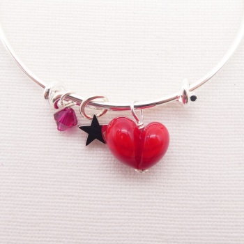 Red glass Heart On a silver Plated Bangle 