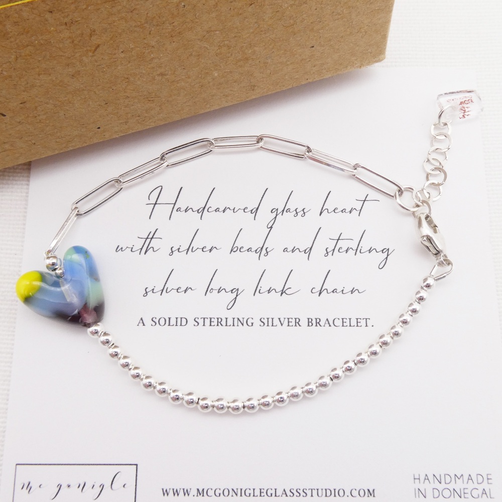 Handcarved glass heart Long link bracelet #2