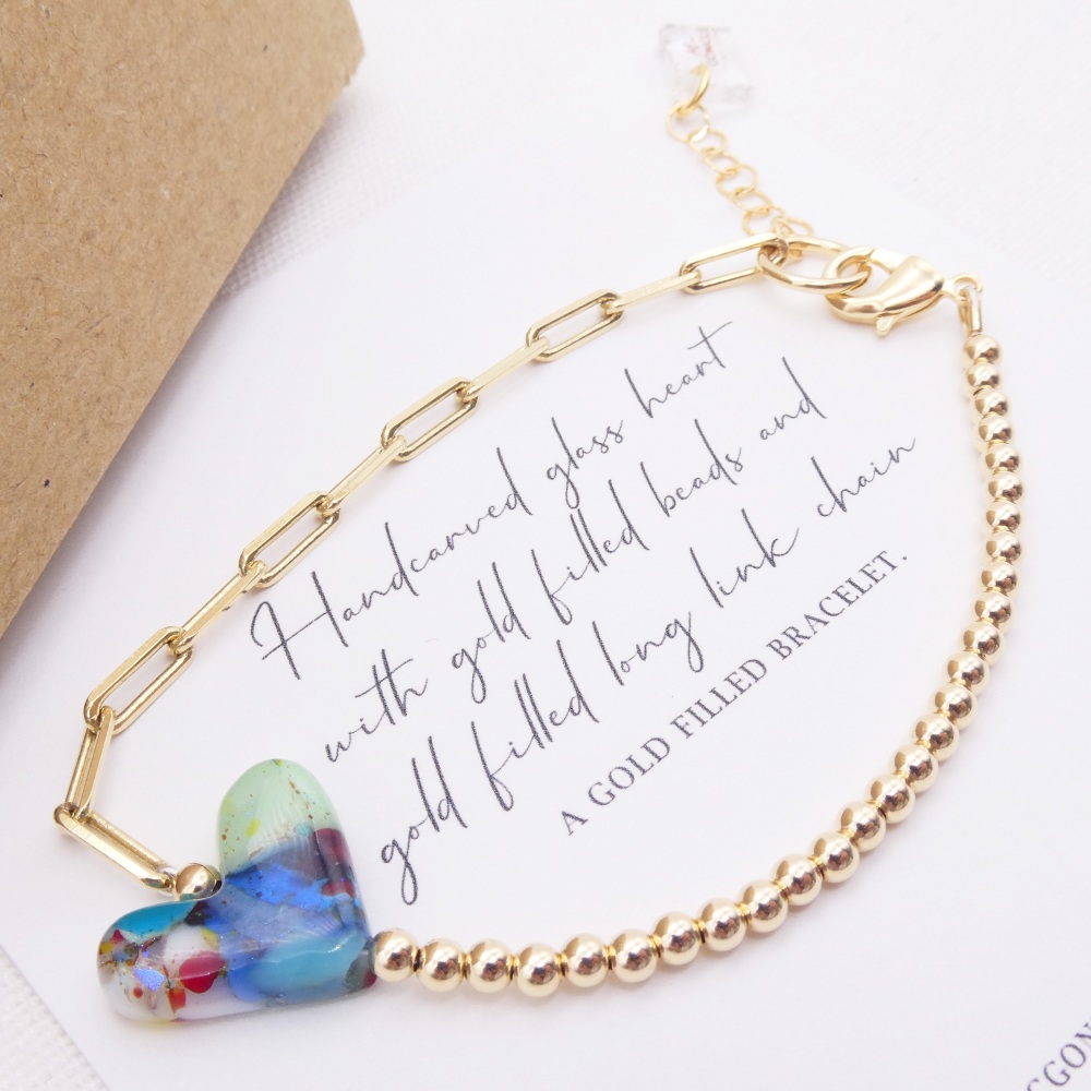 Handcarved glass heart on a Gold filled Long link bracelet with #2