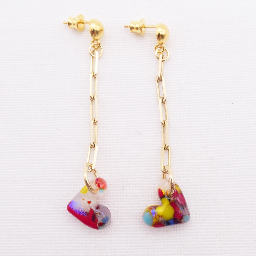 Multicoloured Glass Heart earrings on filled gold link chain