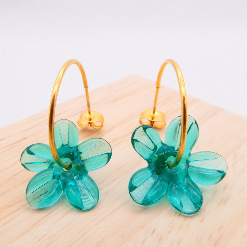 Big sea green glass Flower hoop earrings-gold
