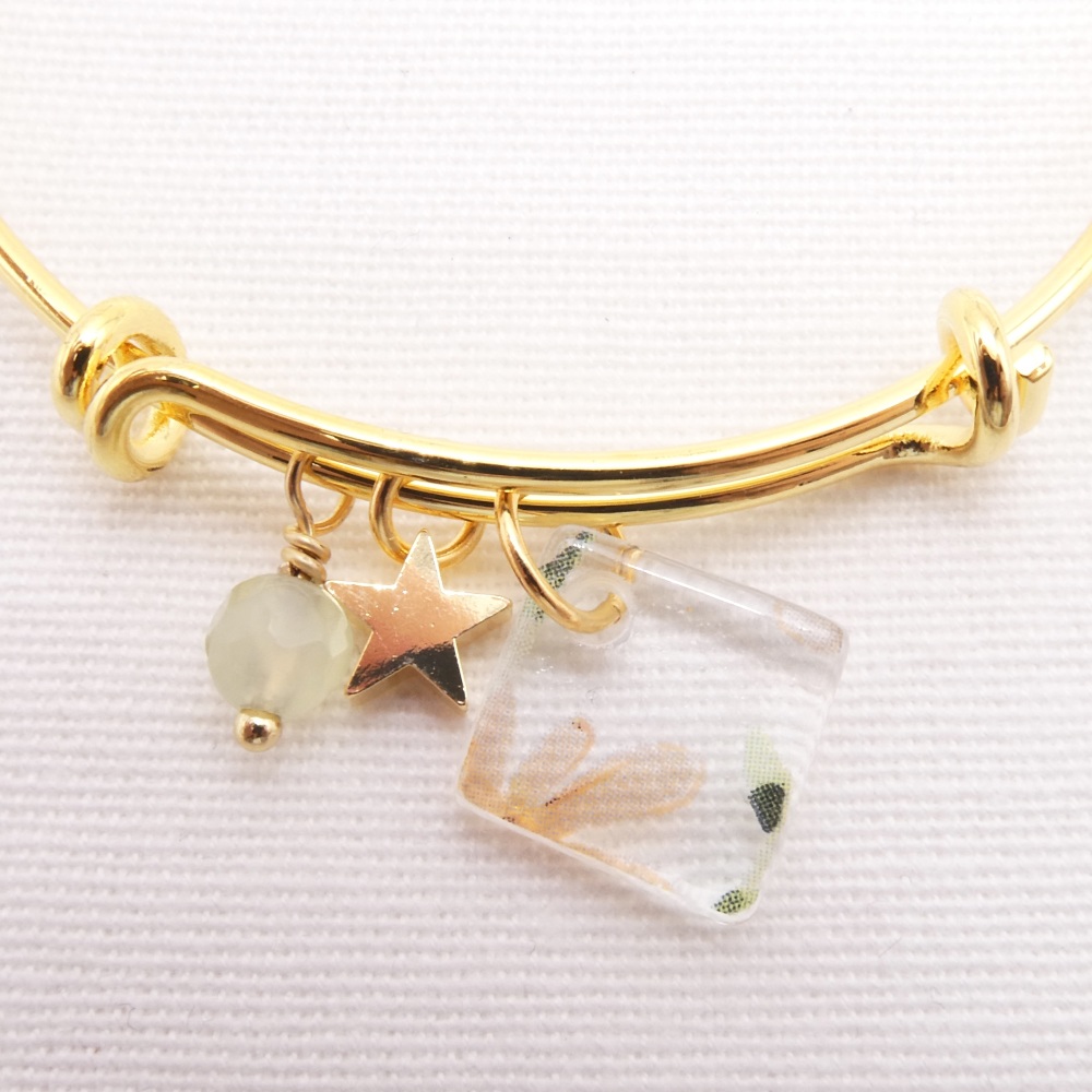 Clear flower Glass Tile On a 14K Gold Plated Bangle
