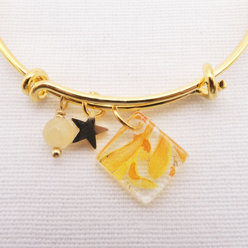 Clear yellow flower Glass Tile On a 14K Gold Plated Bangle #2