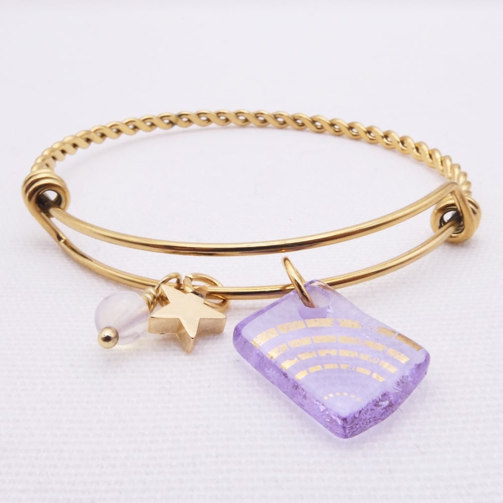 Faded Lilac sun Glass Tile On a Gold Plated Twisted Bangle