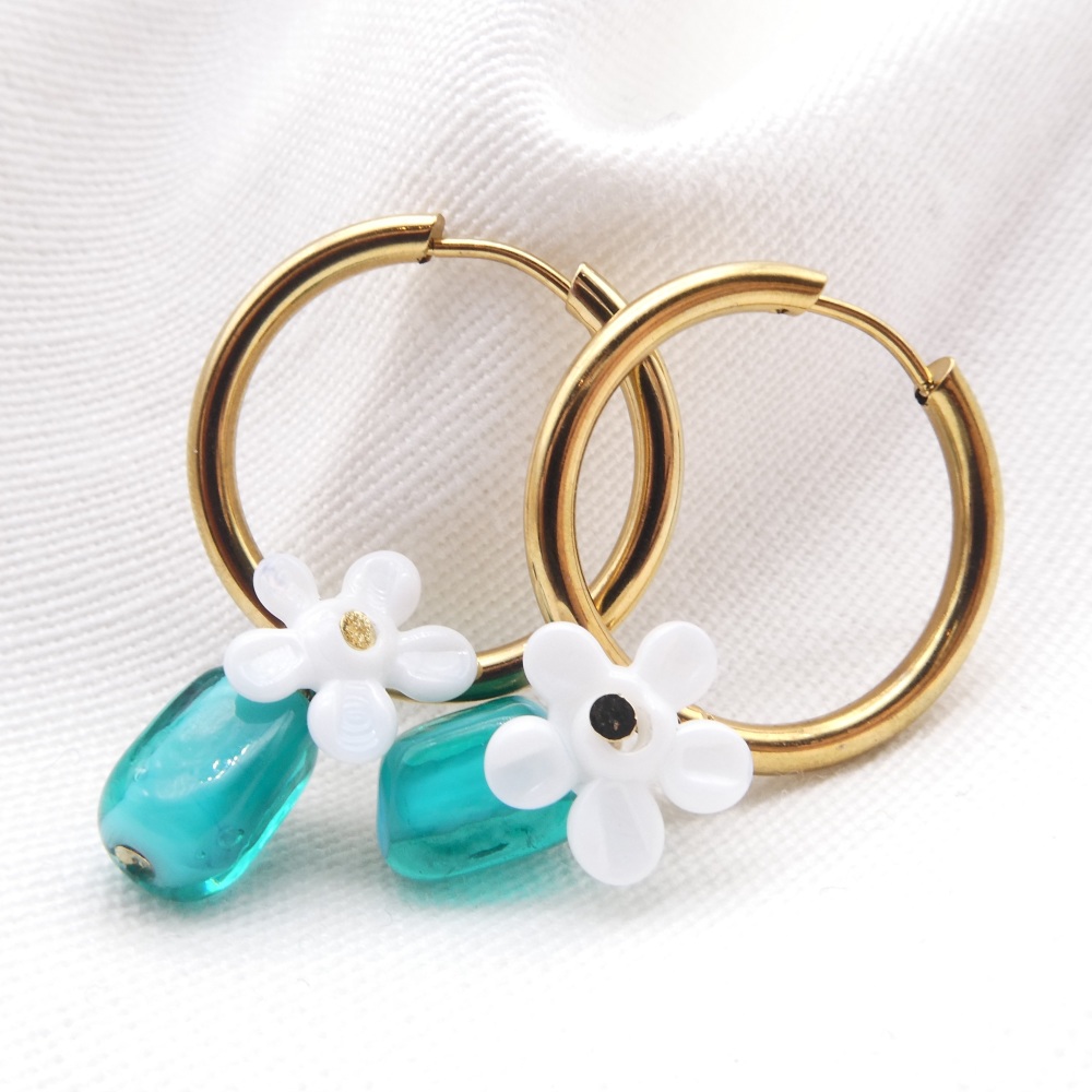 Little Turquoise cuties- Big Creole Glass hoop earrings