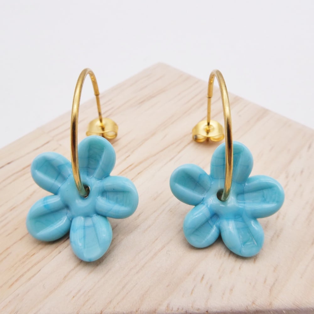 Big Turquoise glass Flower hoop earrings