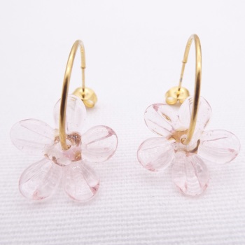 Big  Pink glass Flower hoop earrings