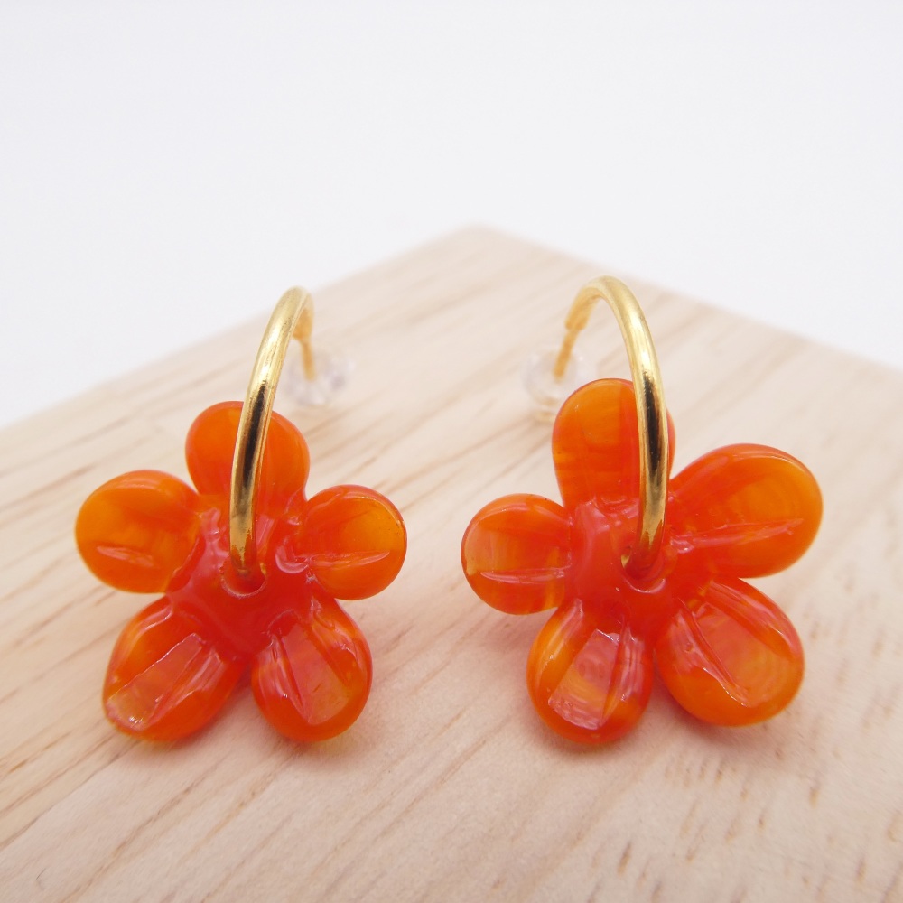 Medium orange glass Flower hoop earrings-gold