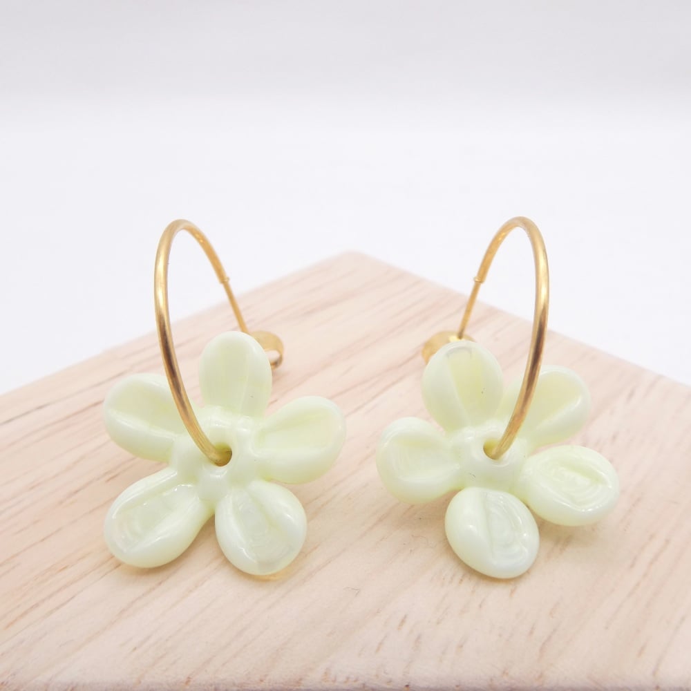Big Tea green glass Flower hoop earrings