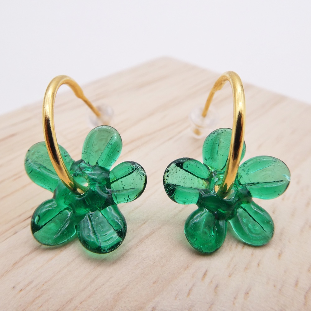 Medium Forest green glass Flower hoop earrings-gold