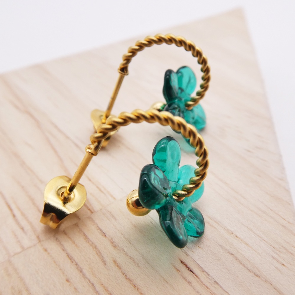 Small Sea Green Flower twisted hoop earrings-gold
