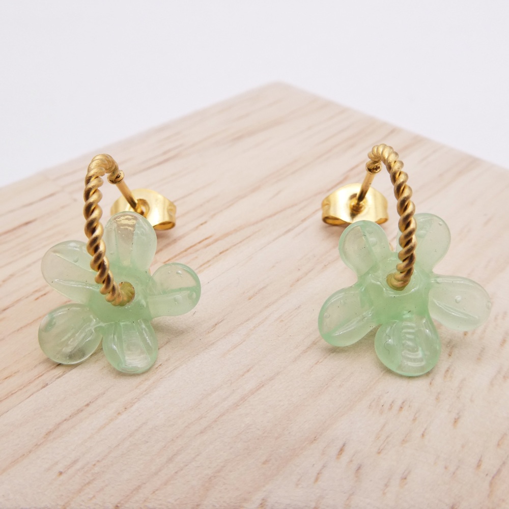 Small Mint Green Flower twisted hoop earrings-gold
