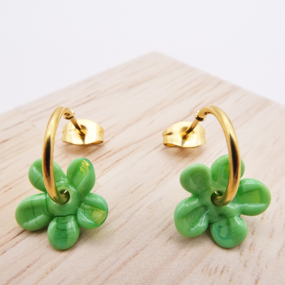 Small Green Flower hoop earrings-gold