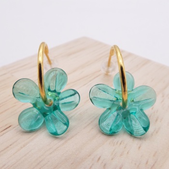 Medium turquoise glass Flower hoop earrings-gold