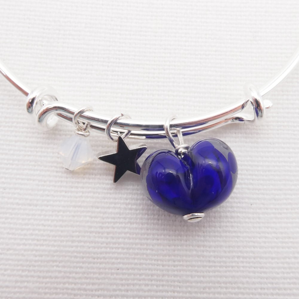Royal Blue glass Heart On a silver Plated Bangle