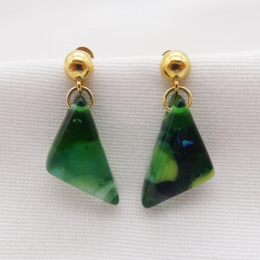 Green geo drop earrings on filled gold