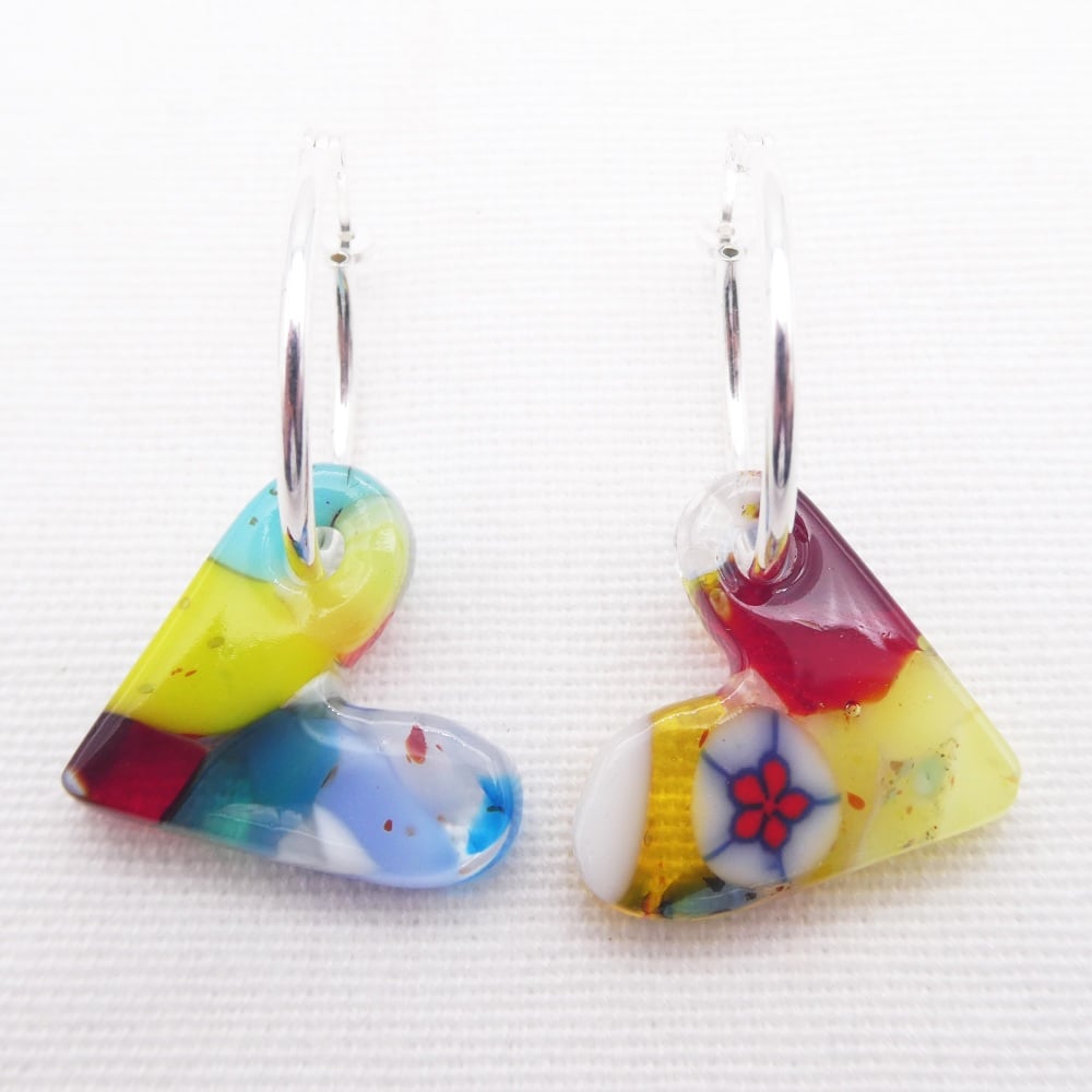 Glass Heart earrings on sterling silver hoops