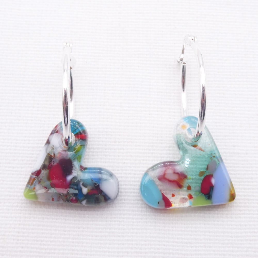 Glass Heart earrings on sterling silver hoops #3