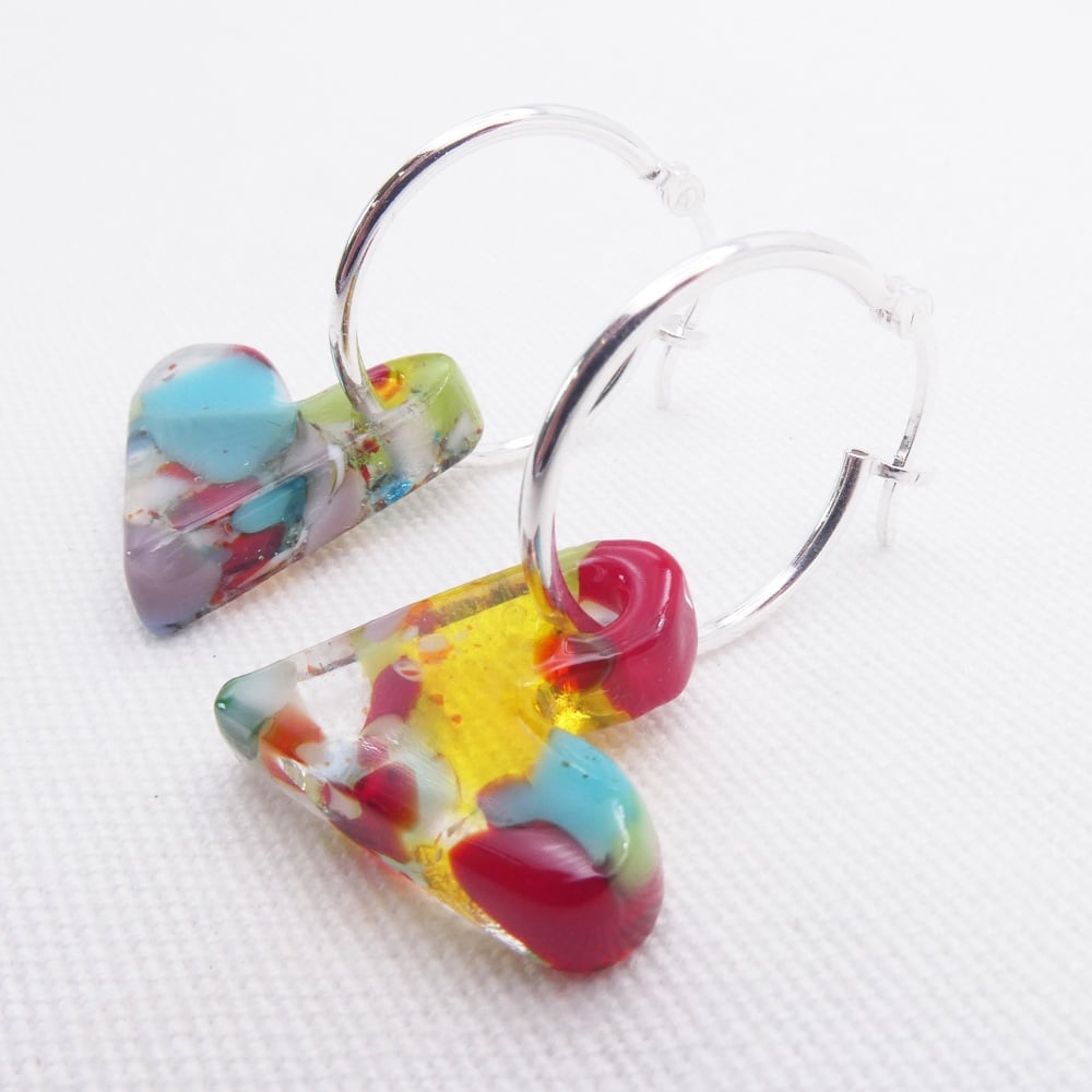 Glass Heart earrings on sterling silver hoops #6