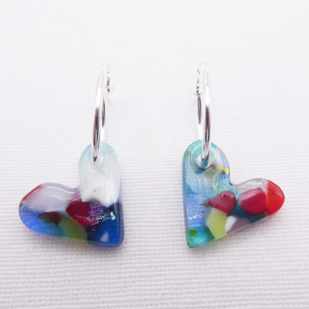 Glass Heart earrings on sterling silver hoops #4