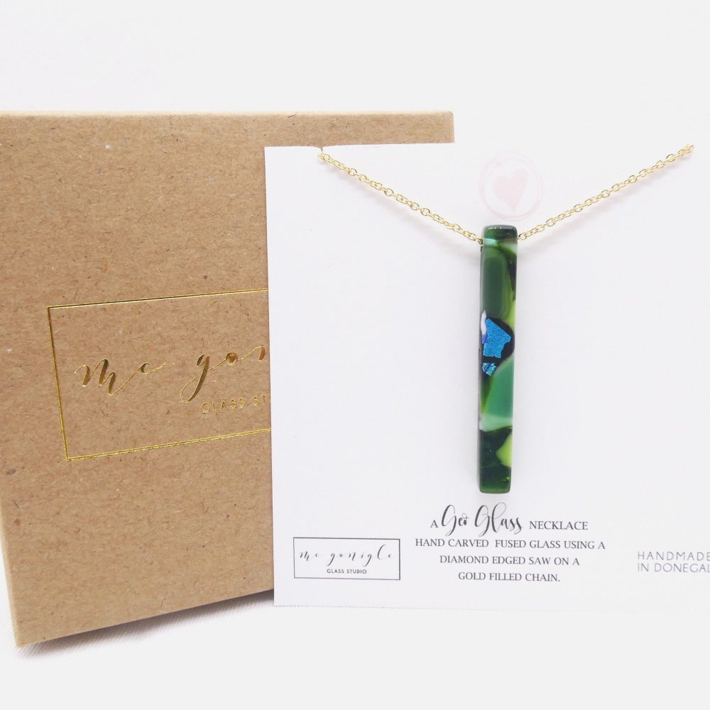 Green Glass Pillar Geo Necklace on gold