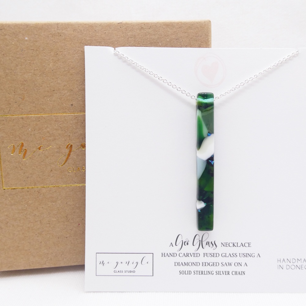 Green Glass Geo Pillar necklace on silver #1