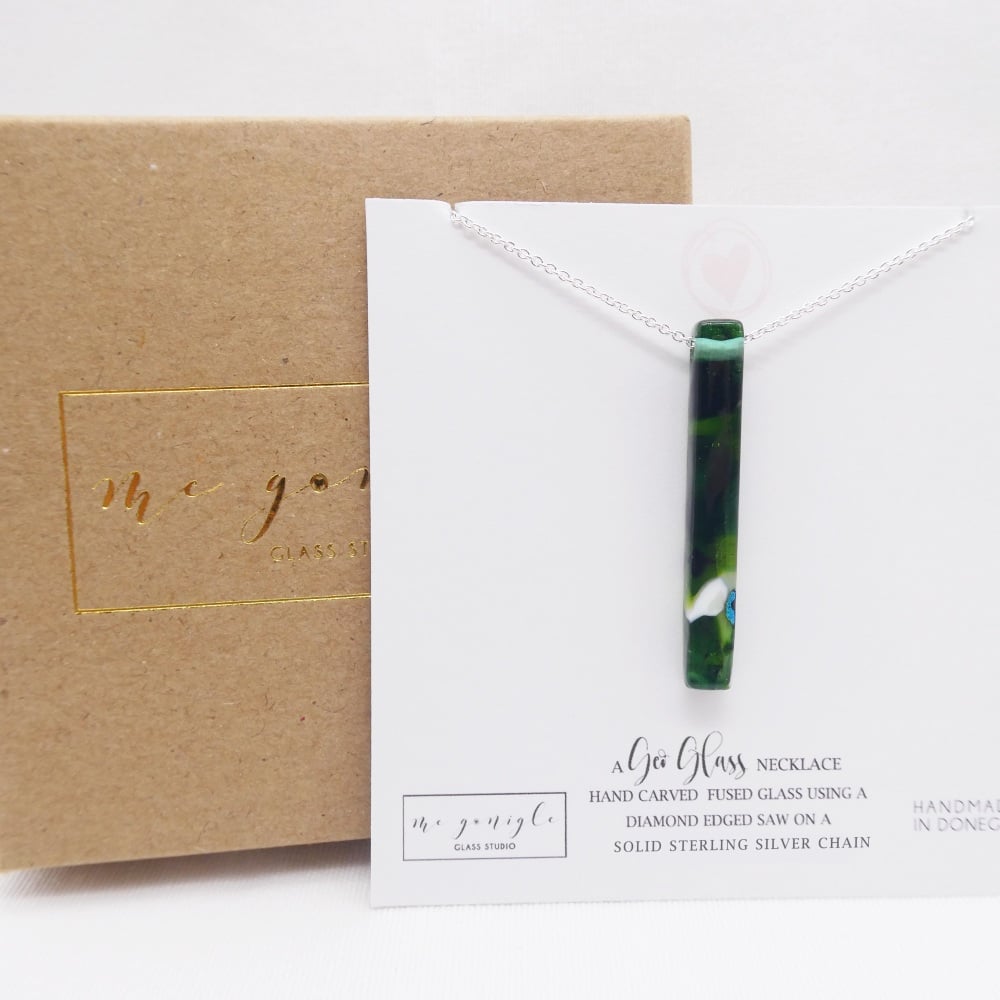 Green Glass Geo Pillar necklace on silver #2